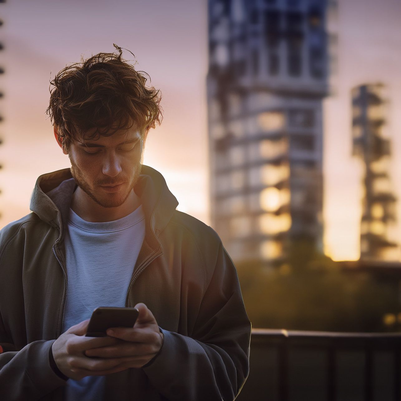 Moški stoji zunaj pred dvema sodobnima večstanovanjskima stolpnicama ob sončnem zahodu in drži mobilni telefon.