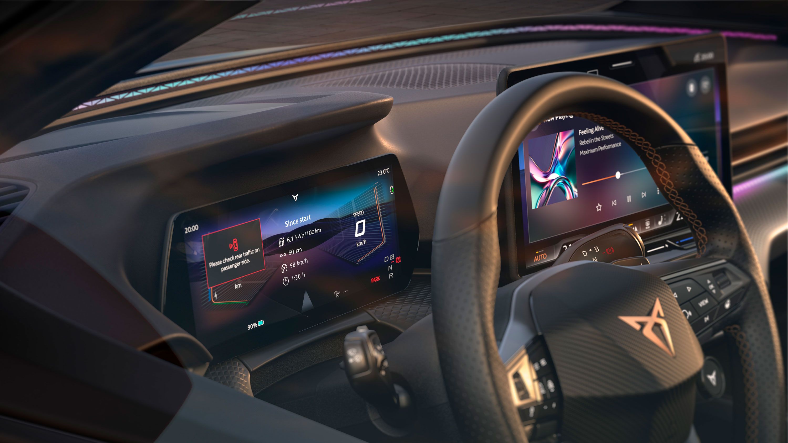 Pogled v notranjost CUPRA Ravala VZ z digitalnim kombiniranim instrumentom in pomočjo v sili Emergency Assist.