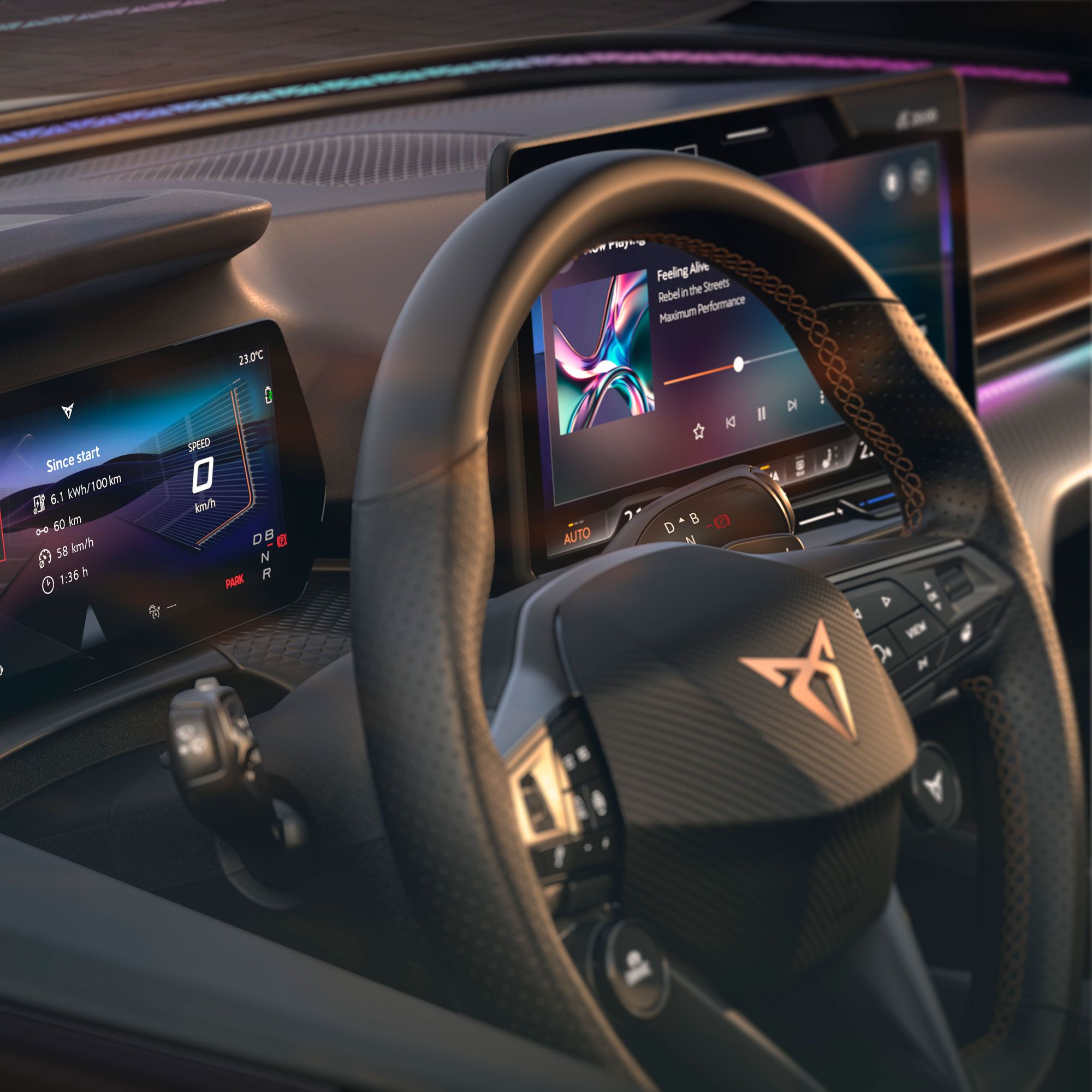 Pogled v notranjost CUPRA Ravala VZ z digitalnim kombiniranim instrumentom in pomočjo v sili Emergency Assist.