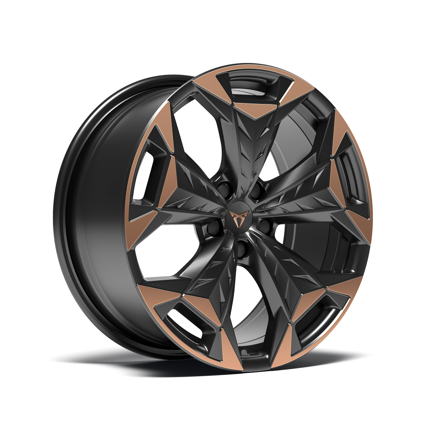 Črna platišča avtomobila s kompleksno geometrijsko obliko, ki vključuje bronaste detajle na krakih in robu za vozilo CUPRA TERRAMAR.