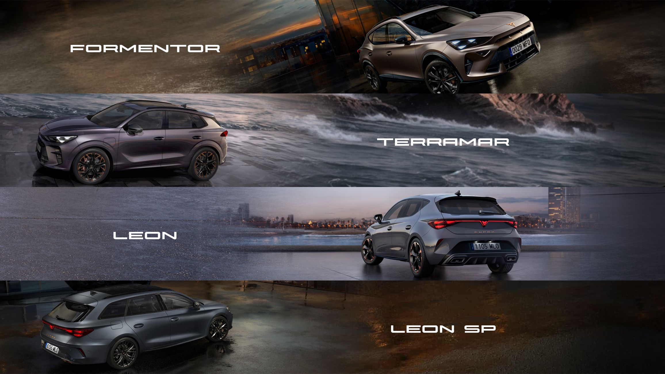 Kolaž podolgovatih slik CUPRA Formentorja, Terramara, Leona in Leona SP, v eni sliki. Avtomobili so različnih barv, postavljeni v dinamične pozicije.