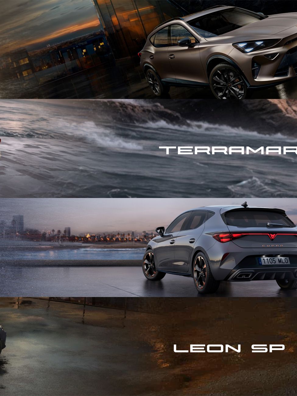 Kolaž podolgovatih slik CUPRA Formentorja, Terramara, Leona in Leona SP, v eni sliki. Avtomobili so različnih barv, postavljeni v dinamične pozicije.