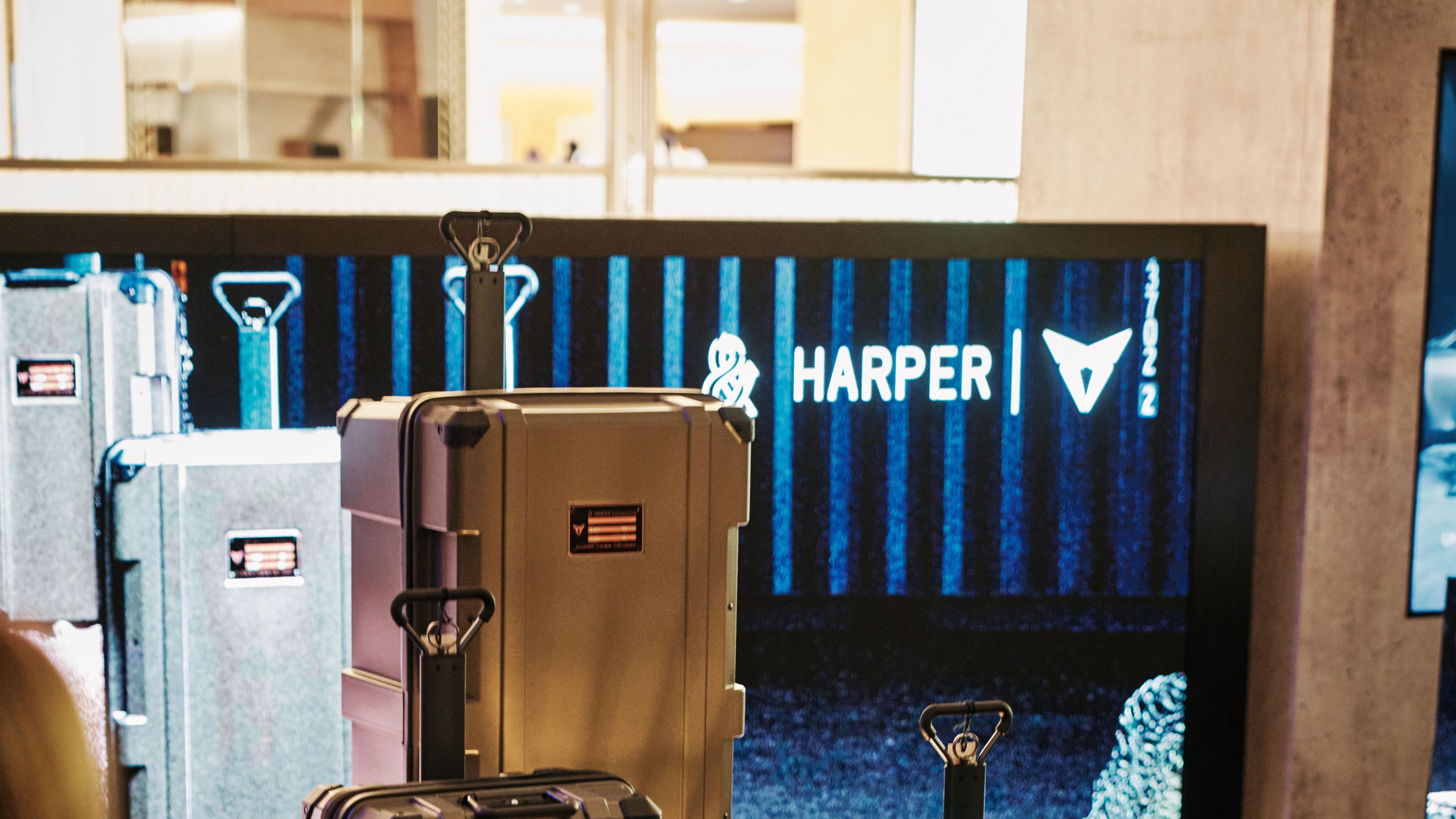 Razstava kovčkov v trgovini v nakupovalnem centru. Na sredini slike so trije kovčki različnih velikosti, postavljeni na kovinske mrežaste podstavke.