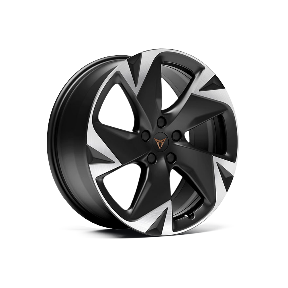 Črna in srebrna avtomobilska platišča s petimi kraki za vozilo CUPRA Tavascan. Platišča imajo sodoben in športen videz. Osrednji del platišča je okrašen z oranžnim logotipom.