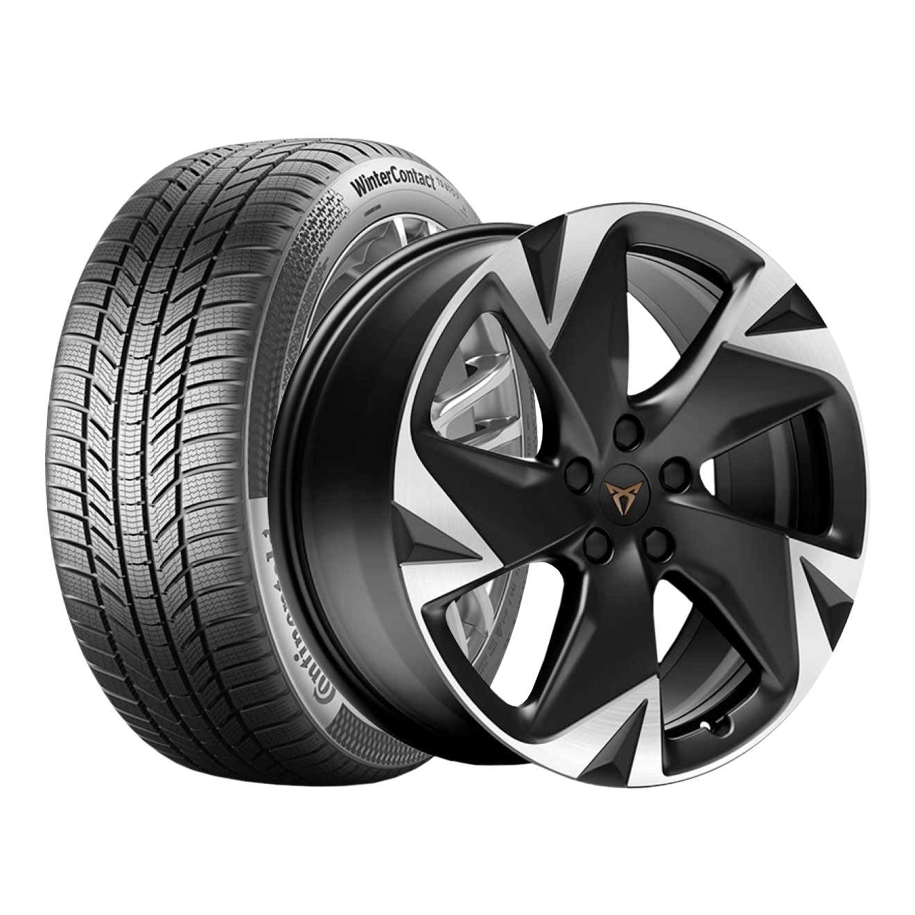 Avtomobilska pnevmatika in platišče za vozilo CUPRA Tavascan. Pnevmatska ima izrazit dezen z radialnimi in diagonalnimi utori. Platišče je večkrako in črne barve s srebrnimi poudarki.