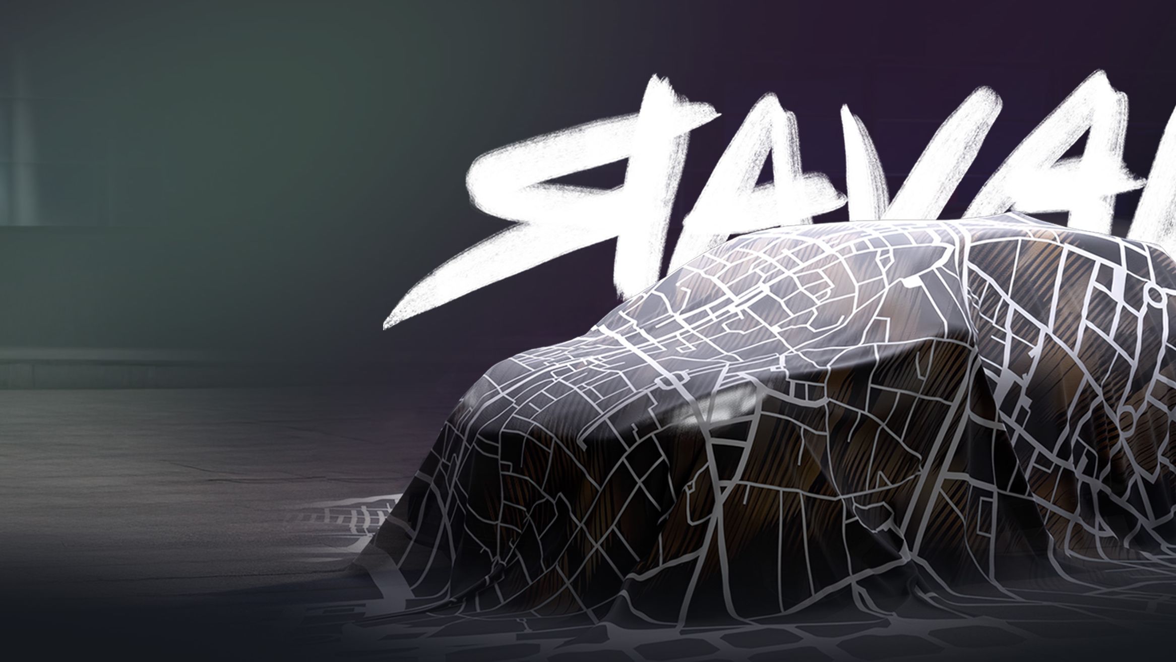 Na sliki je avto, ki je pokrit s pregrinjalom. V ozadju se vidijo nejasne oblike stavb in velik bel napis "RAVAL".