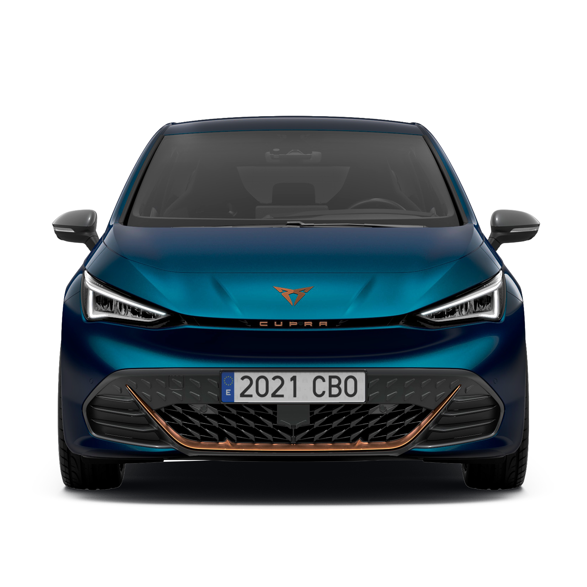 Sprednji pogled na moder avtomobil CUPRA Born. Avto ima moderna sprednja luči in značilno mrežasto rešetko.