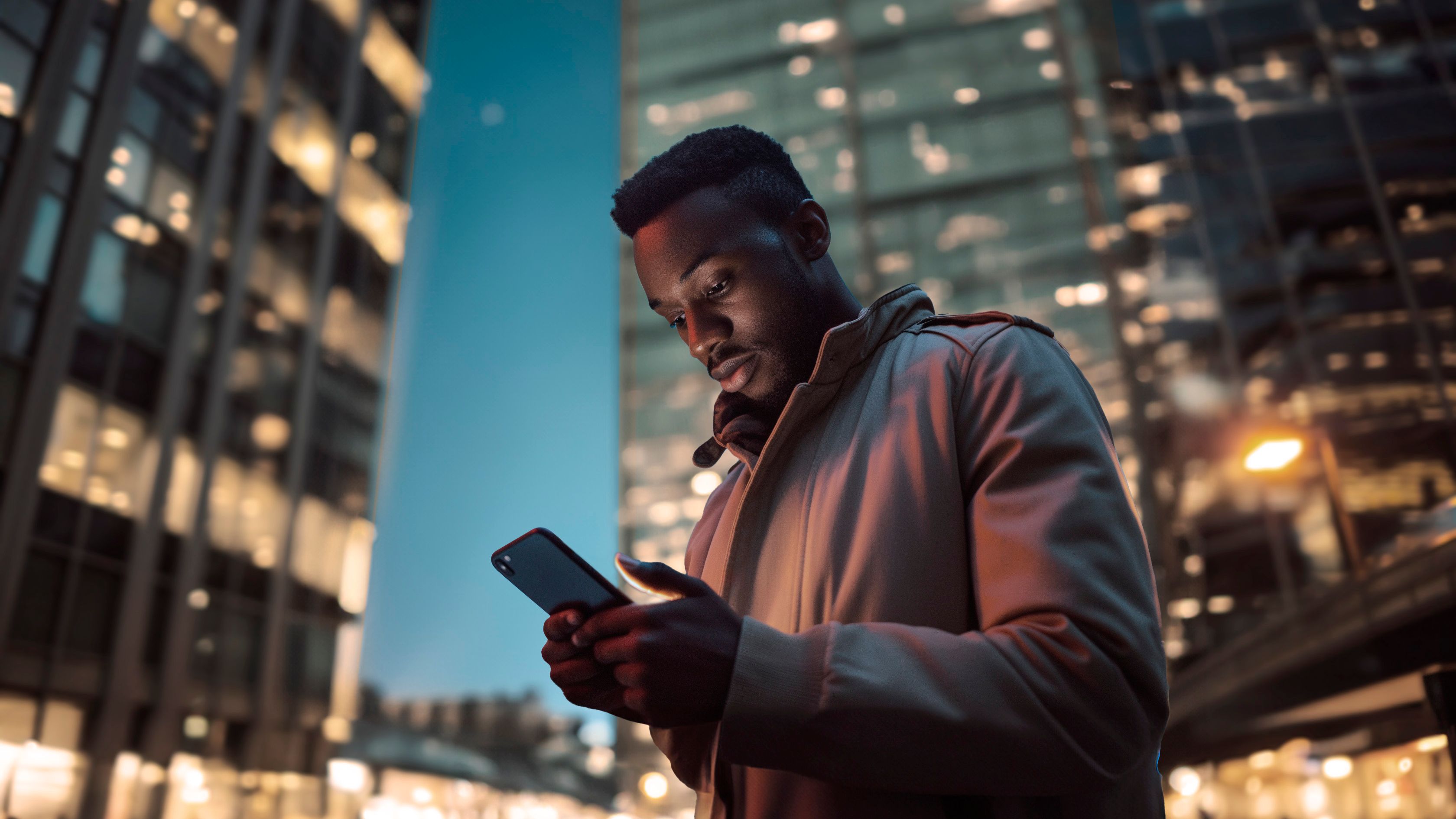 Oseba stoji na ulici v modernem mestnem okolju in gleda aplikacijo 'My CUPRA app' na pametnem telefonu. Okoli njega so visoke zgradbe z osvetljenimi okni, kar daje urbano nočno vzdušje. 