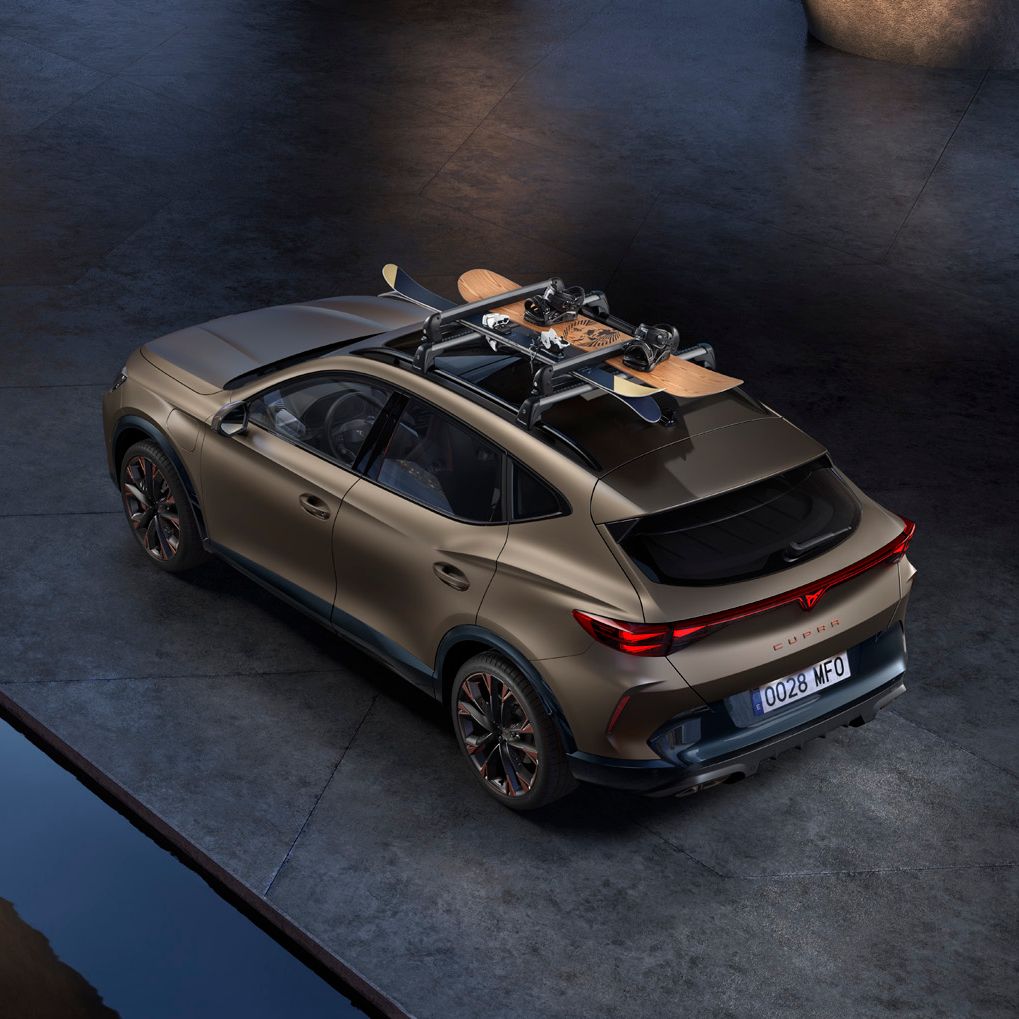 Vozilo CUPRA Formentor PA, parkirano ob vodni površini. Na strehi avtomobila je nameščen nosilec za športno opremo, naložen s smučmi in desko za deskanje na snegu. Avto je svetlo rjave mat barve z elegantnim dizajnom.