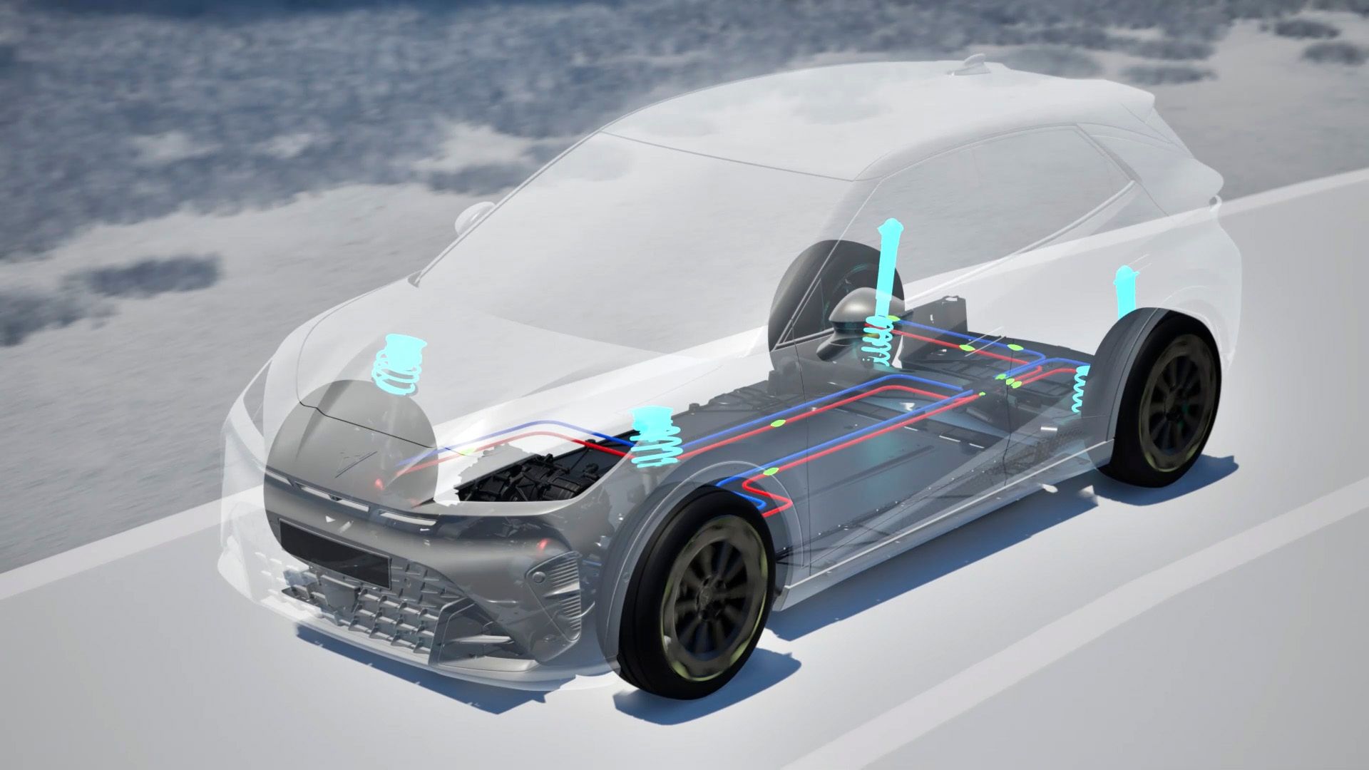 Pogled od zunaj na CUPRA Ravala VZ s funkcijami paketa Rebel Pack, kot so dinamično uravnavanje podvozja DCC, športni premniki in zapora diferenciala sprednje preme e-VAQ.