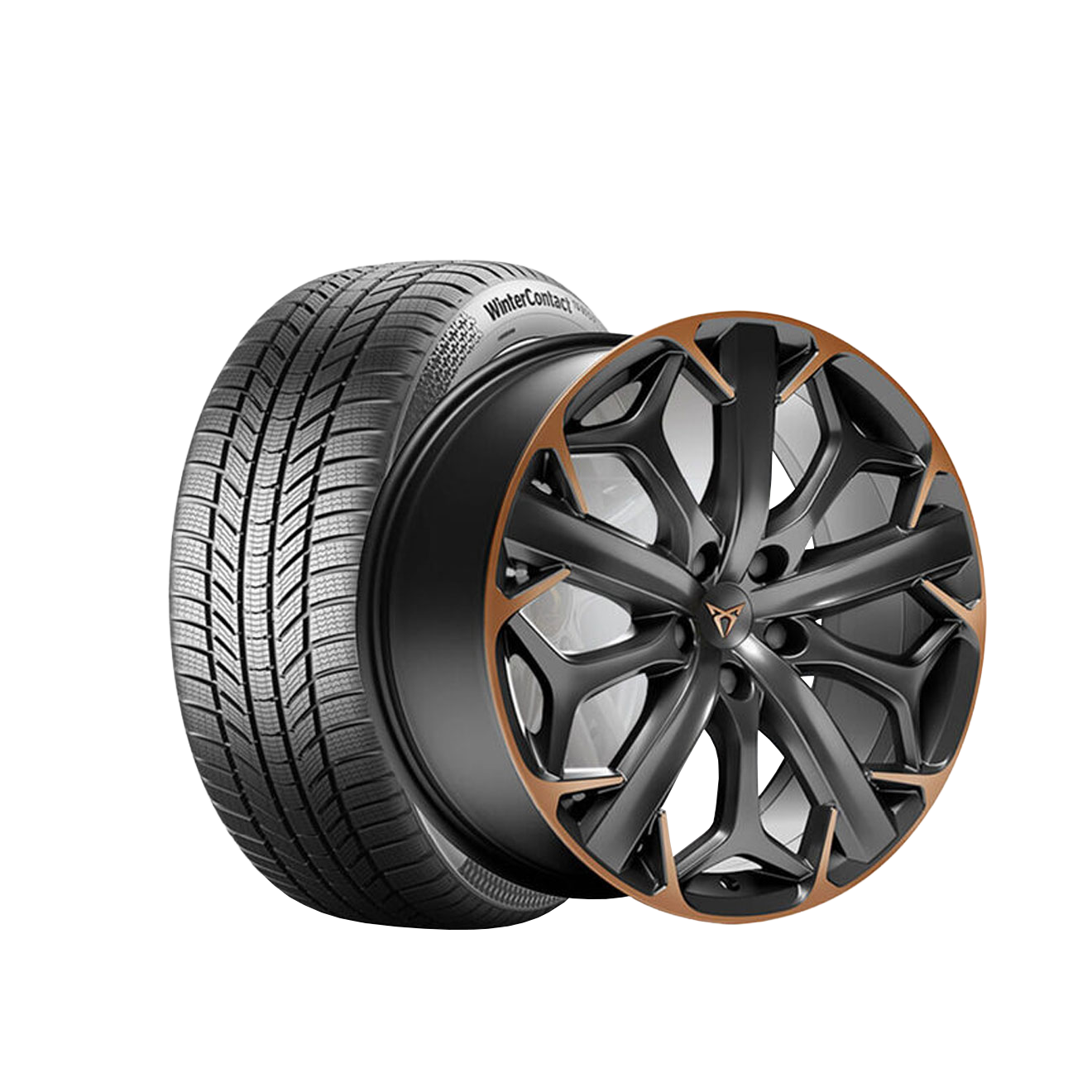 Prikazano je kolo s platiščem v črni barvi in bakrenimi podrobnostmi za vozilo CUPRA Formentor. Platišče ima več krakov in pnevmatika ima izrazit dezen.