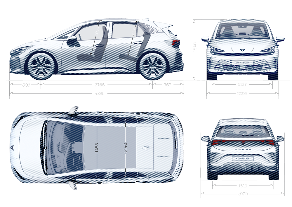 Abmessungsdetails des CUPRA Born.