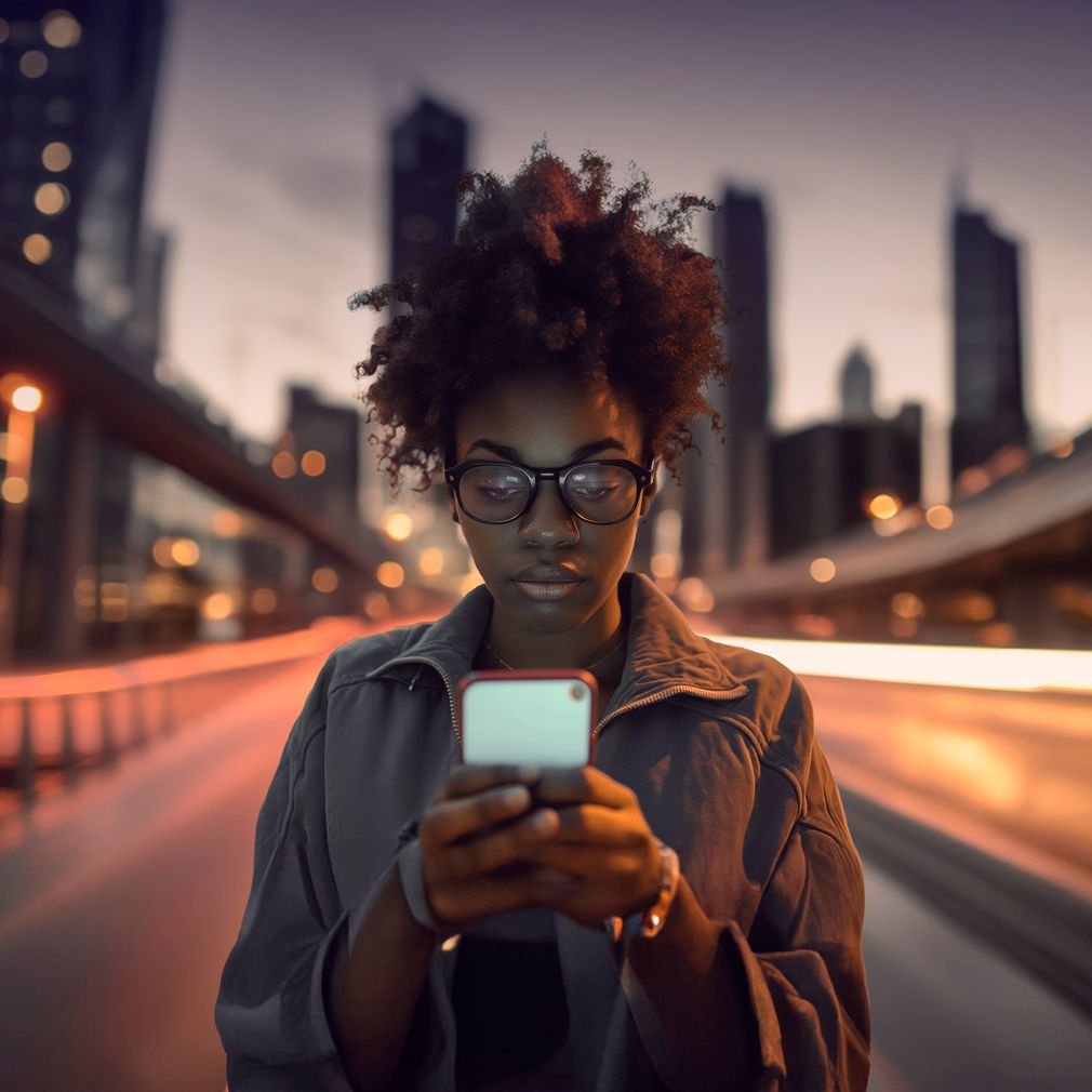 Ženska z očali stoji ponoči na mestni ulici, medtem ko uporablja mobilni telefon in pregleduje My Cupra App. V ozadju so mehko zamegljene luči hitro premikajočih se avtomobilov in mestnih zgradb.