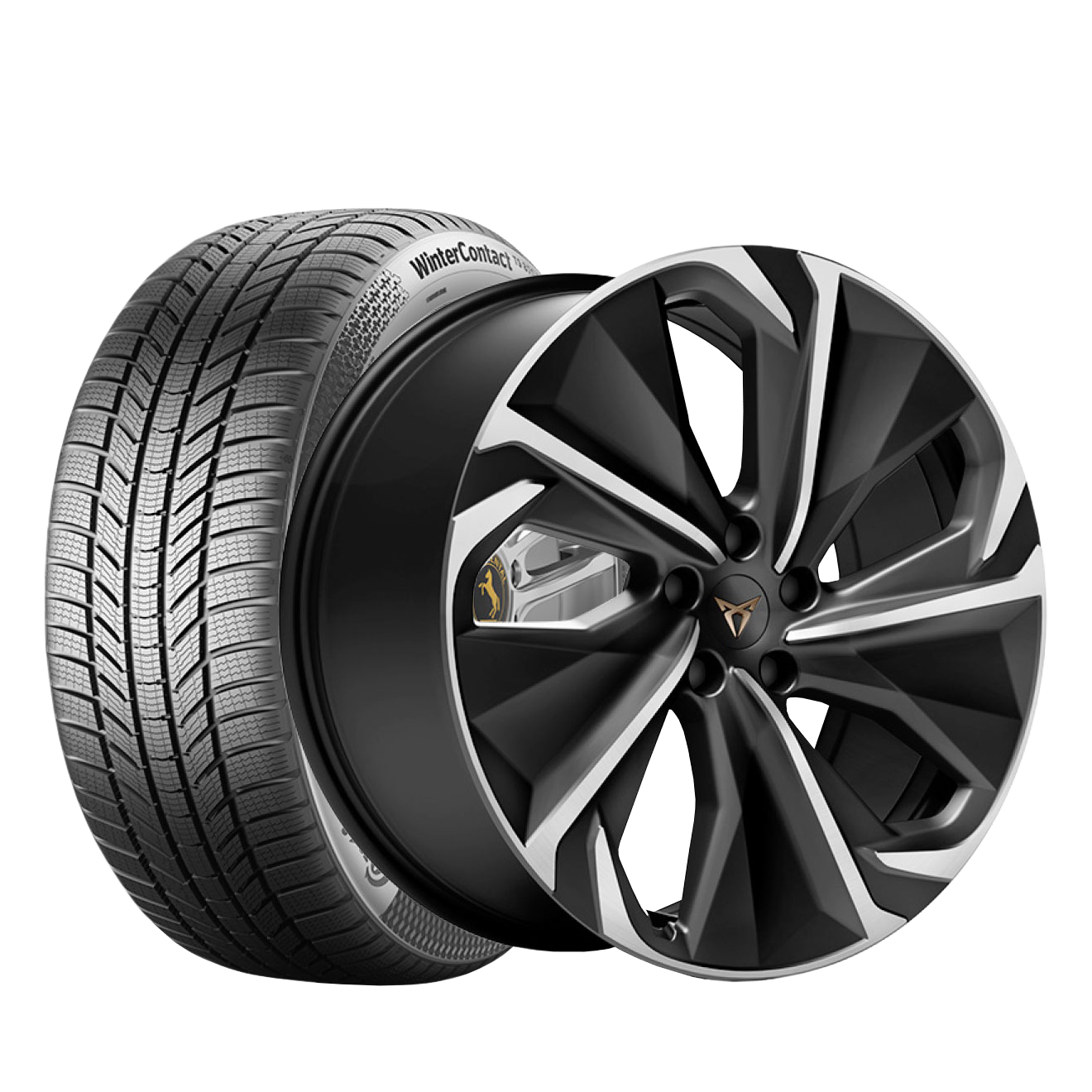 Črna avtomobilska pnevmatika z moderno oblikovano platišče v srebrni in črni barvi za vozilo CUPRA Tavascan. Platišče ima več krakov in je videti aerodinamično. 