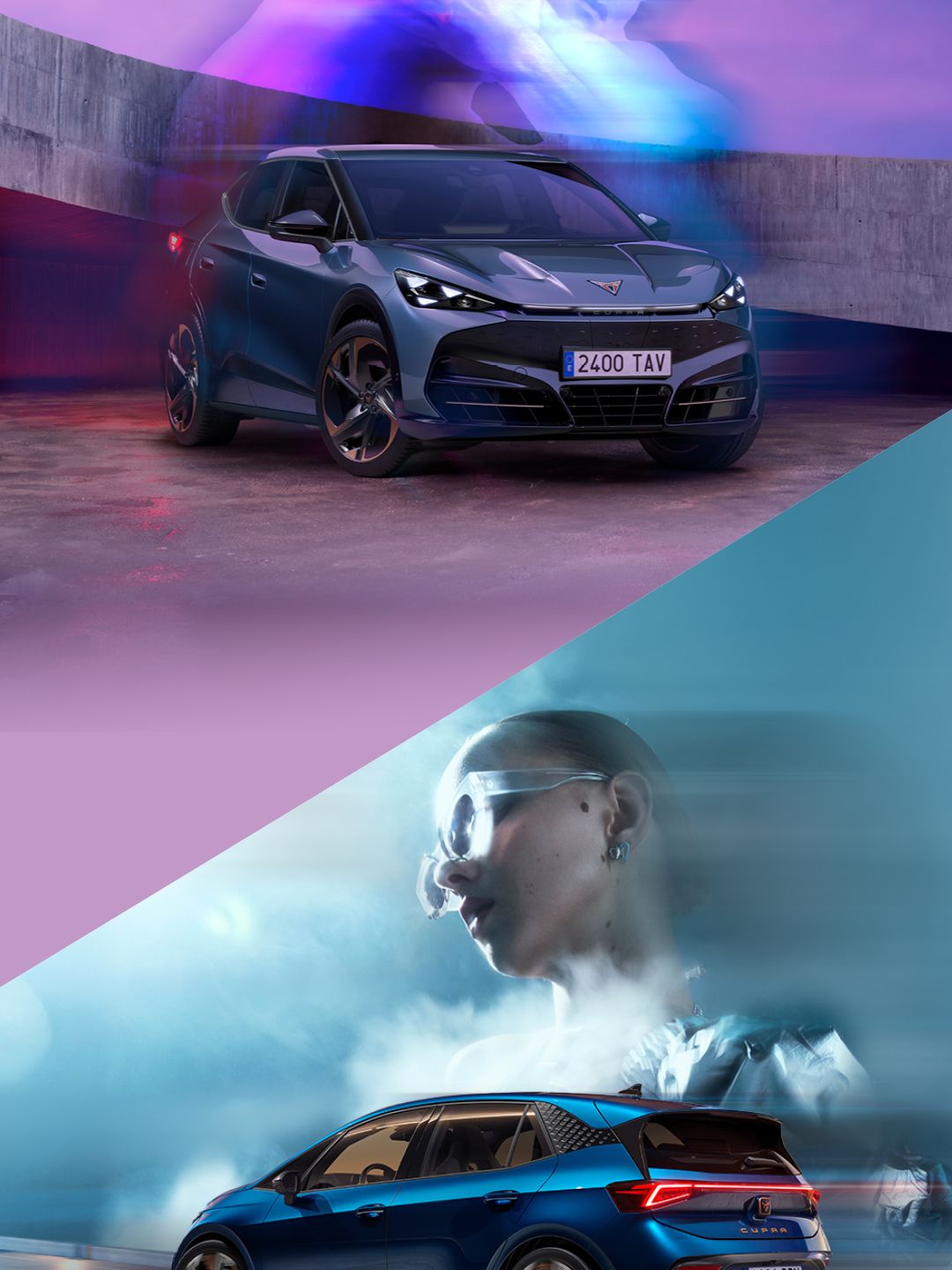 Dvobarvna slika prikazuje avtomobila Cupra Born in Cupra Tavascan z dveh zornih kotov. Leva stran prikazuje črni avtomobil od spredaj na parkirišču, desna pa modri avtomobil od zadaj na ovinku. Zamegljeni obraz osebe na obeh straneh.