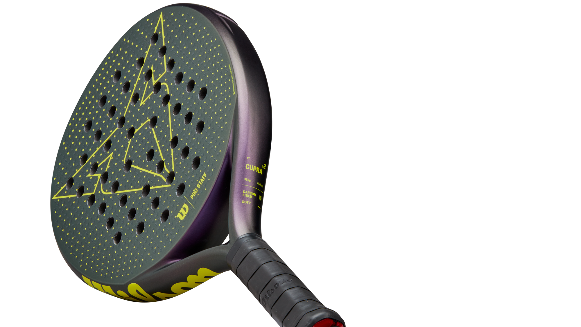 Wilson padel lopar ima črno podlago z zelenimi in rumenimi vzorci ter perforacije na površini. Ročaj je črn z rdečimi in rumenimi detajli. Na sredini loparja je logotip znamke CUPRA.