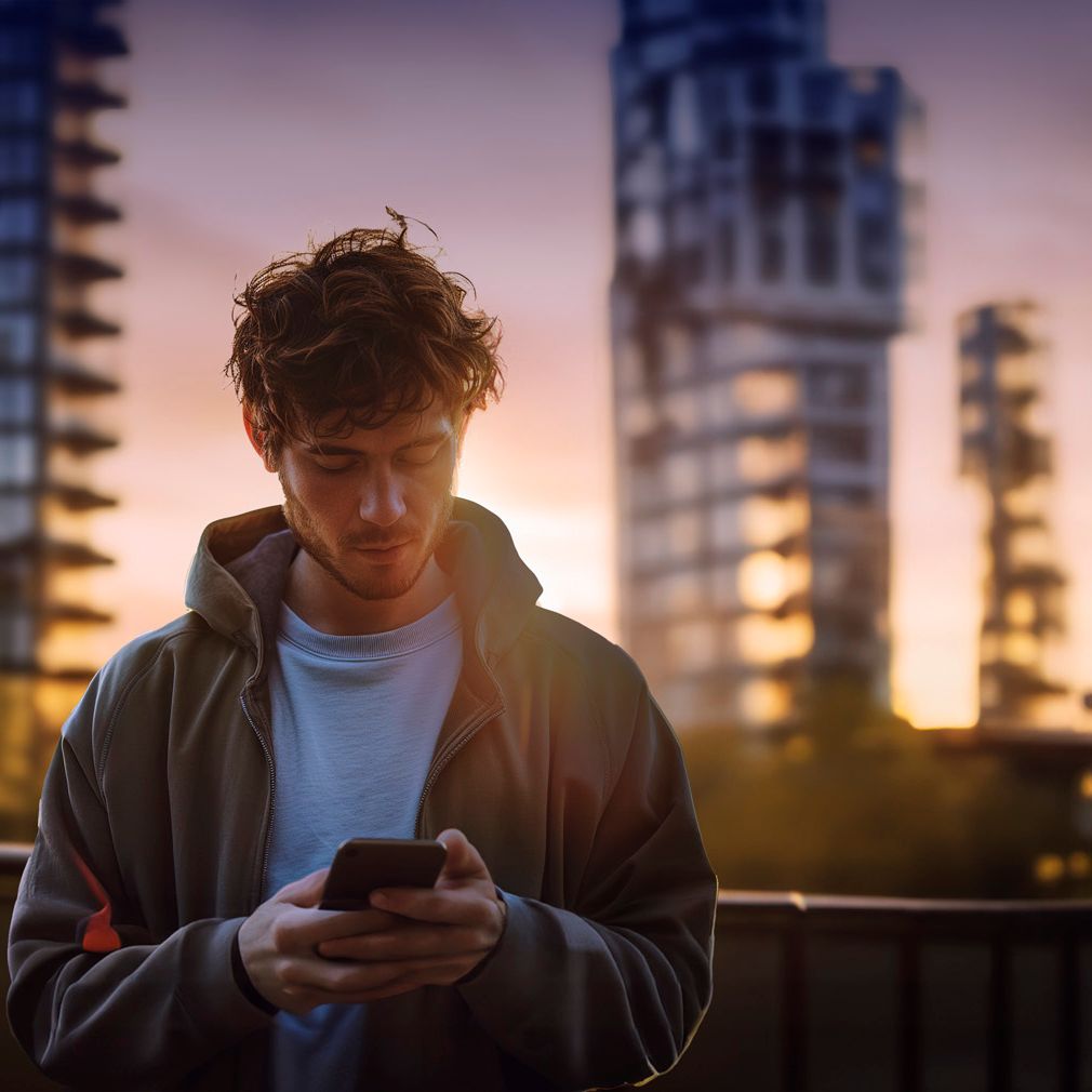 Mlad fant stoji zunaj in gleda svoj mobilni telefon. V ozadju so visoke mestne stavbe ob sončnem zahodu.