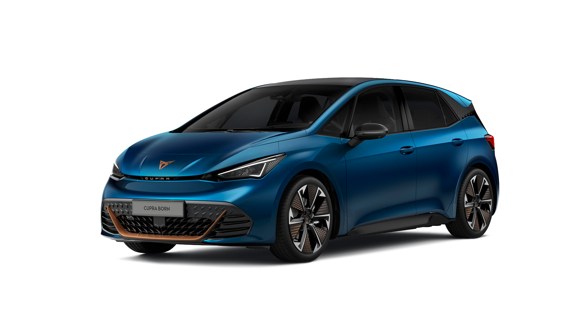 CUPRA Born modro-zeleni barvi s črnimi stekli in elegantno obliko na belem ozadju.