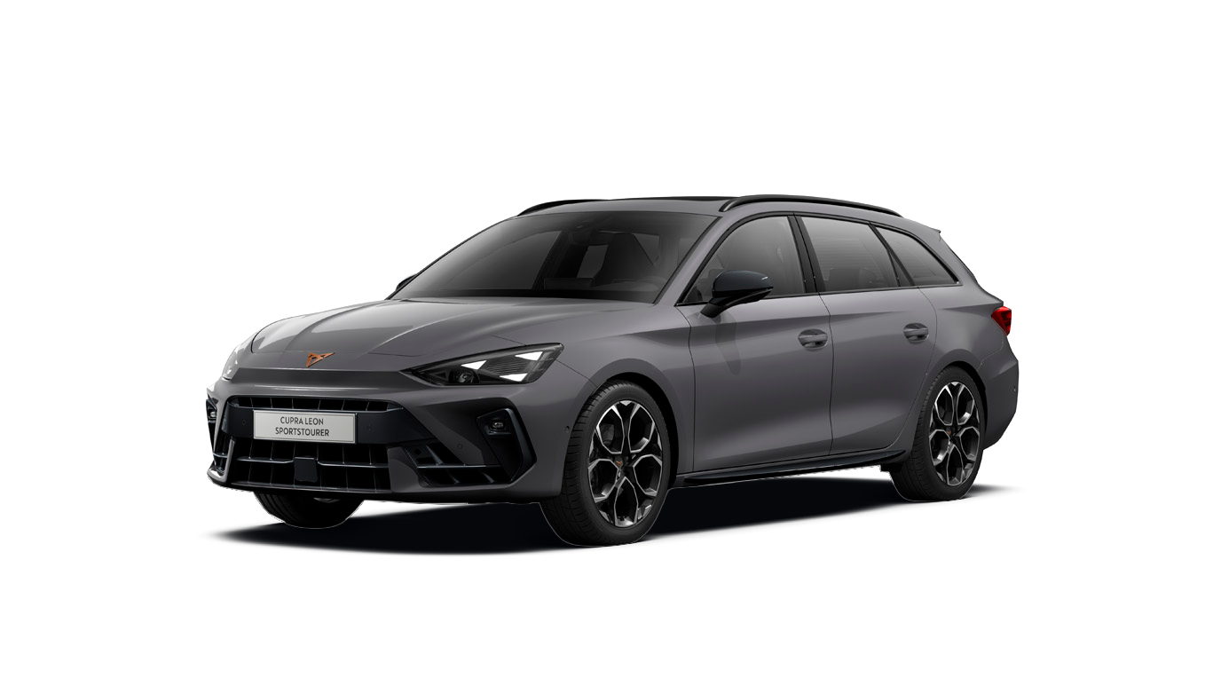 Sivi karavan Cupra Leon z aerodinamično obliko in črnimi platišči. Vozilo ima luksuzno zasnovo z ostrimi linijami in modernimi svetlobnimi enotami. Na registrski tablici spredaj piše "CUPRA Leon Sportstourer".