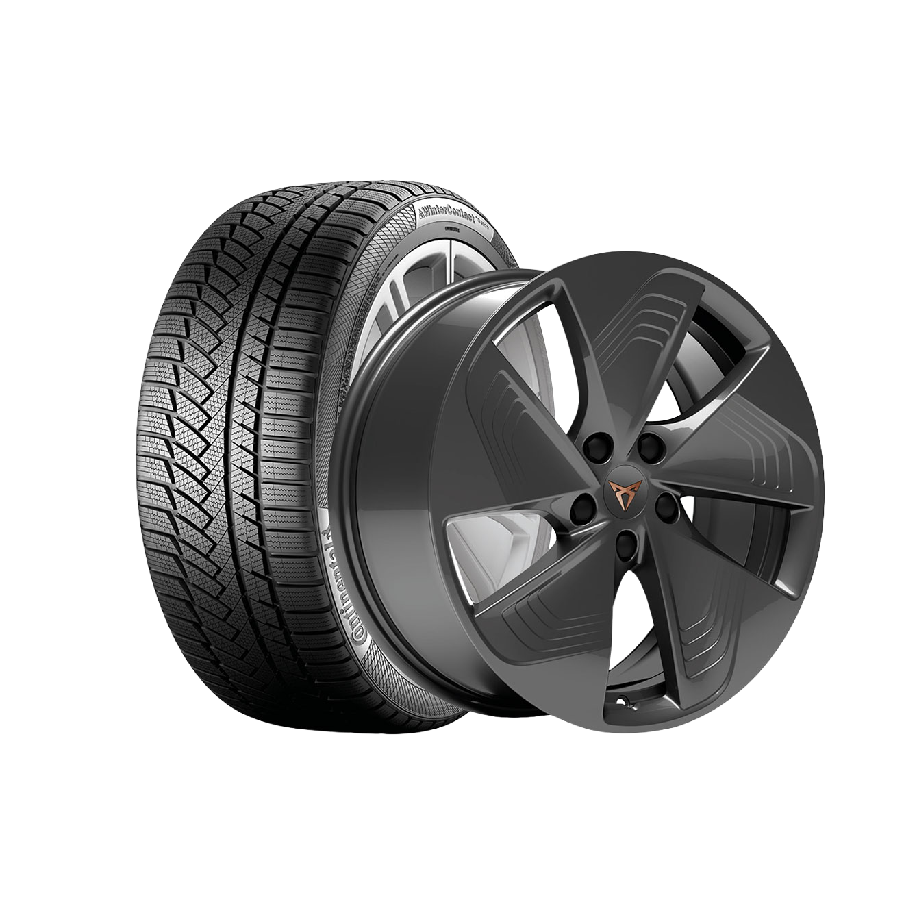 Pnevmatika in črno avtomobilsko platišče sta postavljena skupaj za vozilo CUPRA Born. Platišče ima pet krakov in športen videz. Pnevmatika ima profil, primeren za zimske razmere.