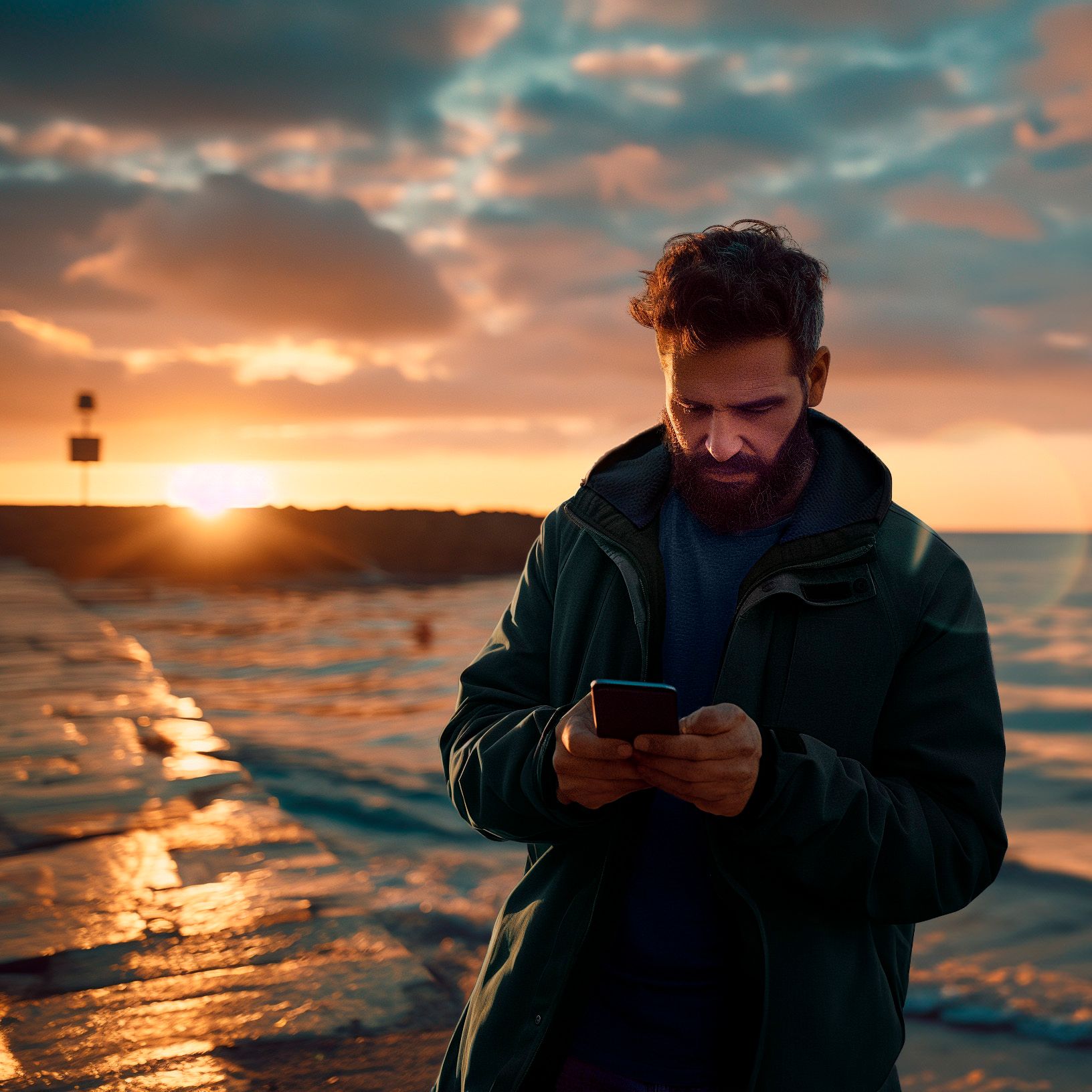 Moški z brado stoji ob morju ob sončnem zahodu in gleda v mobilni telefon, kar simbolizira povezljivost in interakcijo posameznika s tehnologijo na prostem.