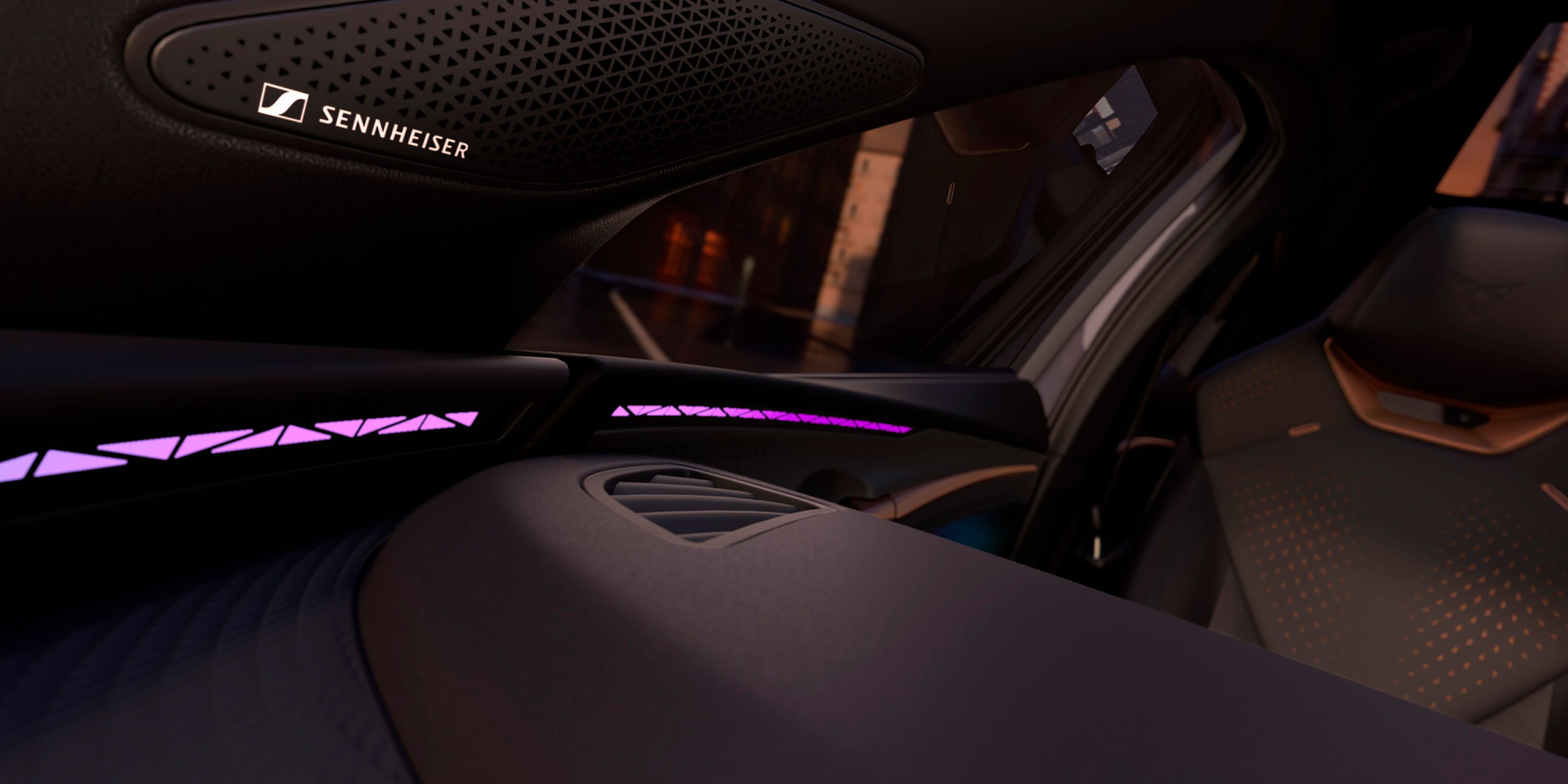 Pogled v notranjost CUPRA Ravala s poudarkom na zvočnem sistemu s poglobljenim zvokom Sennheiser AMBEO 