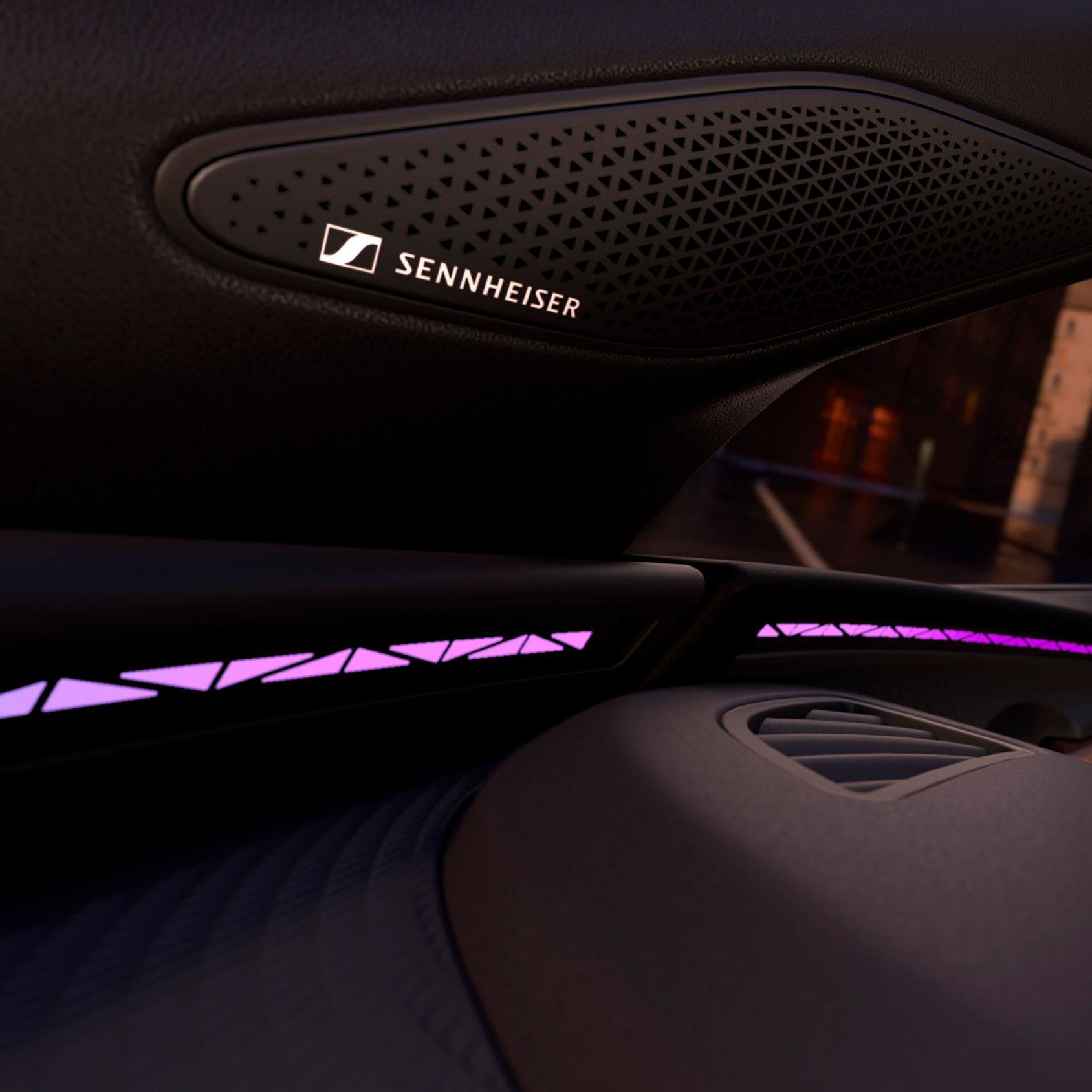 Pogled v notranjost CUPRA Ravala s poudarkom na zvočnem sistemu s poglobljenim zvokom Sennheiser AMBEO 