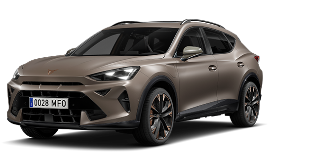 Cupra Formentor VZ SUV v bronasti barvi s črnimi in srebrnimi platišči. Vozilo ima agresivne oblikovne linije z ostrimi žarometi ter značilno sprednjo masko. Na registrski tablici je napis "0028 MFO".