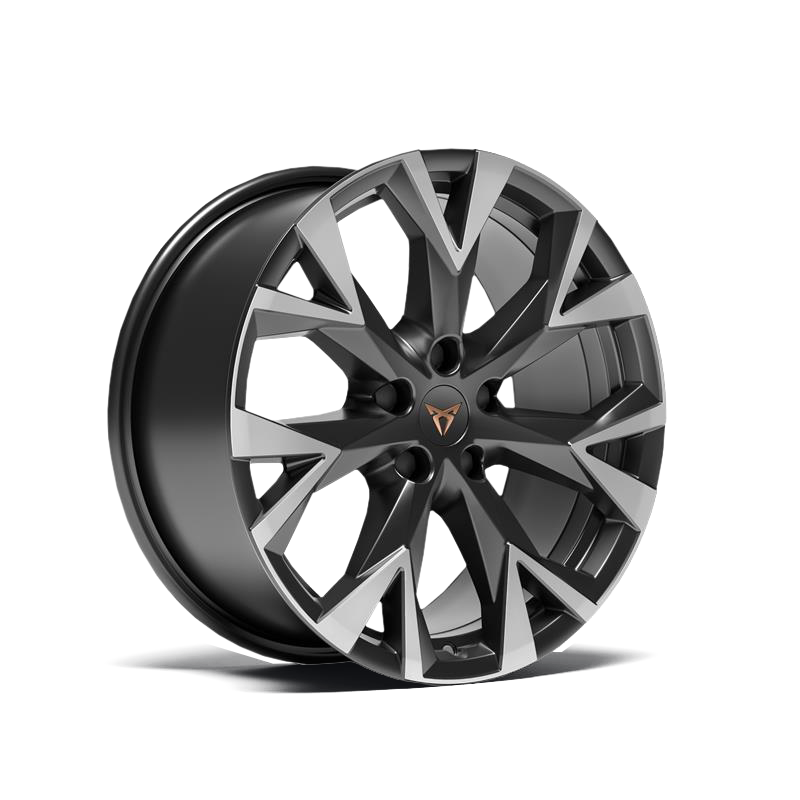 Stranska slika kovinskega avtomobilskega platišča s kompleksnim, večkrakim dizajnom v srebrni in črni barvi za vozilo CUPRA Terramar. Platišče ima sijajen zaključek, z osrednjim delom, ki vsebuje logotip.