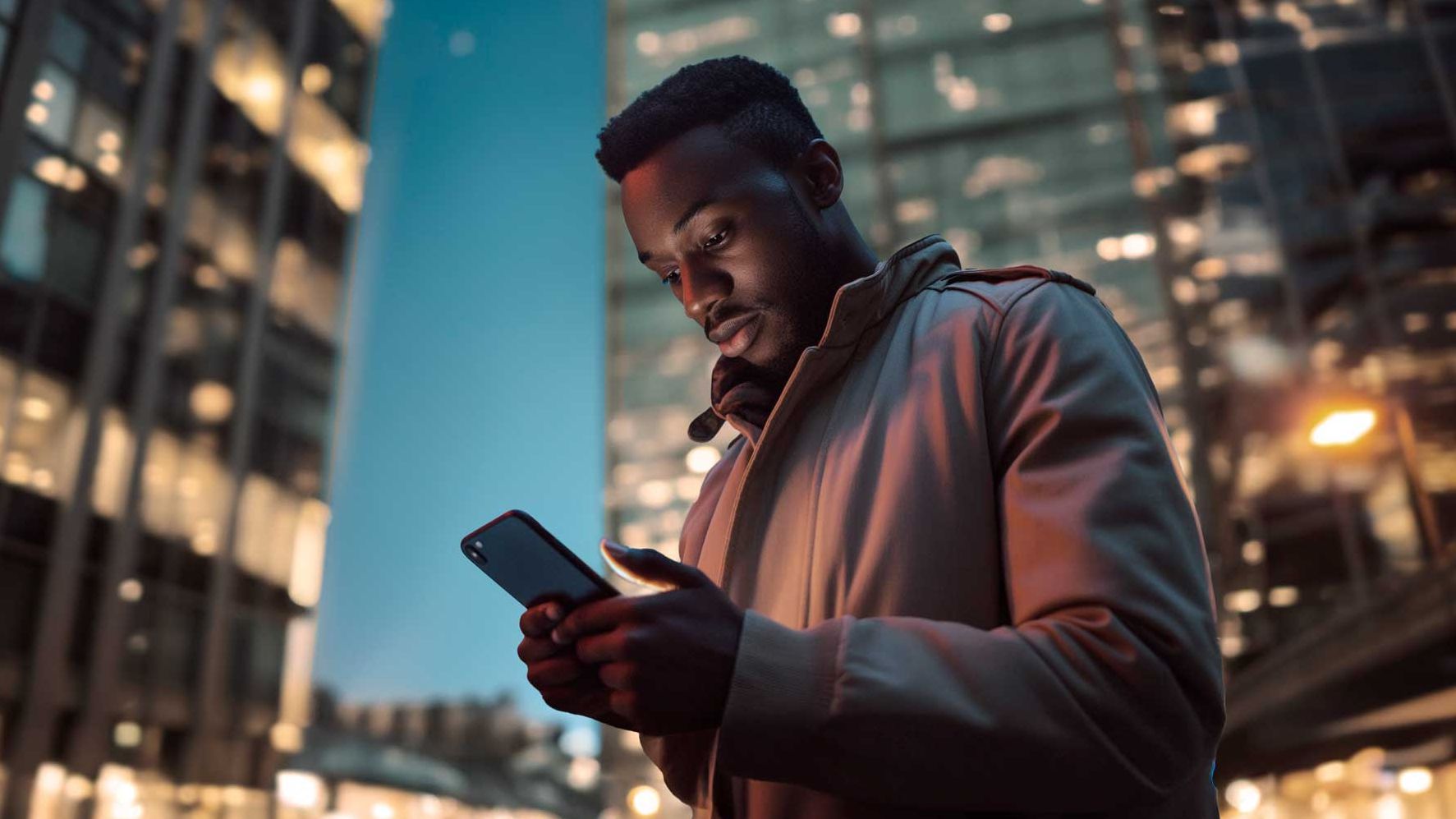 Moški stoji na mestni ulici ponoči in drži pametni telefon. V ozadju so osvetljene steklene stavbe. Svetloba z ulice in stavb ustvarja zanimiv kontrast.