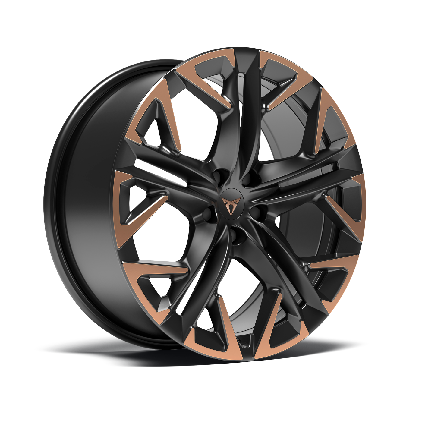 V avtomobilski plati je kovinska platišča v bronasto-črni kombinaciji za vozilo CUPRA Terramar. Dizajn platišča je modern in športen, z izrezanimi detajli na krakih, ki ustvarjajo dinamičen videz. Platišče ima šest krakov.