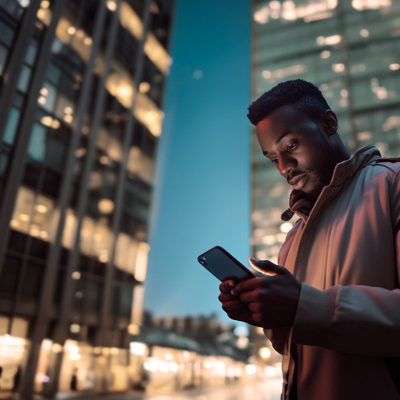 Moški stoji zunaj v mestnem okolju ob večeru in drži pametni telefon. Okoli njega so dobro osvetljene poslovne zgradbe. Svetloba iz telefonovega zaslona osvetljuje njegov obraz.