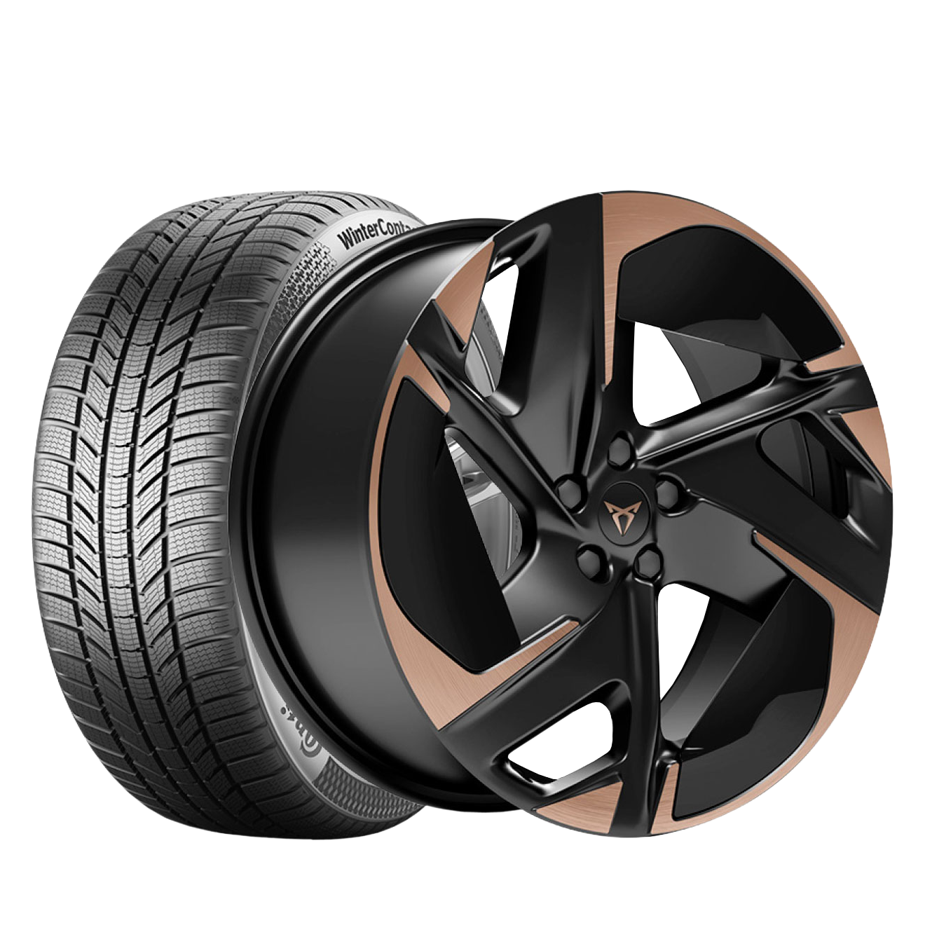 Avtomobilska pnevmatika in platišče, ki imata sodoben in eleganten dizajn za vozilo CUPRA Tavascan. Platišče je črno z bronastimi detajli, pnevmatika pa ima globok in izrazit profil za boljši oprijem cestišča.