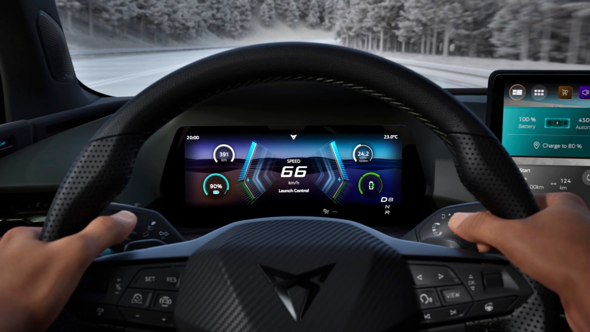 Notranjost CUPRA Ravala VZ, ki prikazuje funkcije paketa Light & Sound Pack.