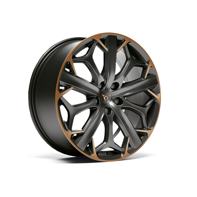 Črna avtomobilska platišča z zlatimi robovi in zapletenim vzorcem krakov za vozilo CUPRA Formentor. Platišče ima osmokraki dizajn. 