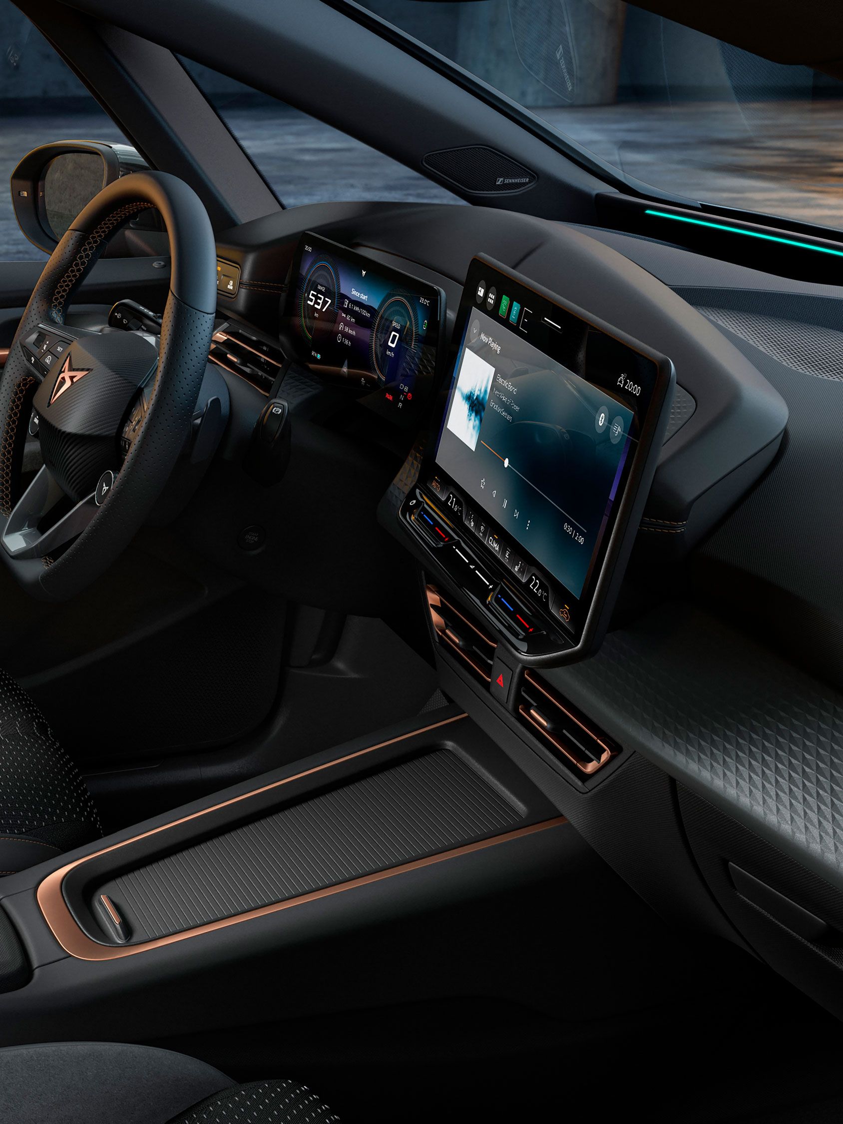 Innenansicht eines CUPRA Born mit Lenkrad und Digital Cockpit