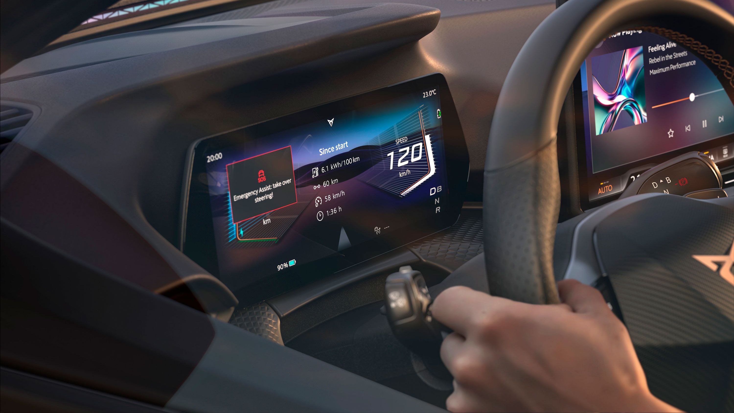 : Innenansicht des CUPRA Raval VZ mit digitalem Cockpit und der Emergency Assist-Funktion.