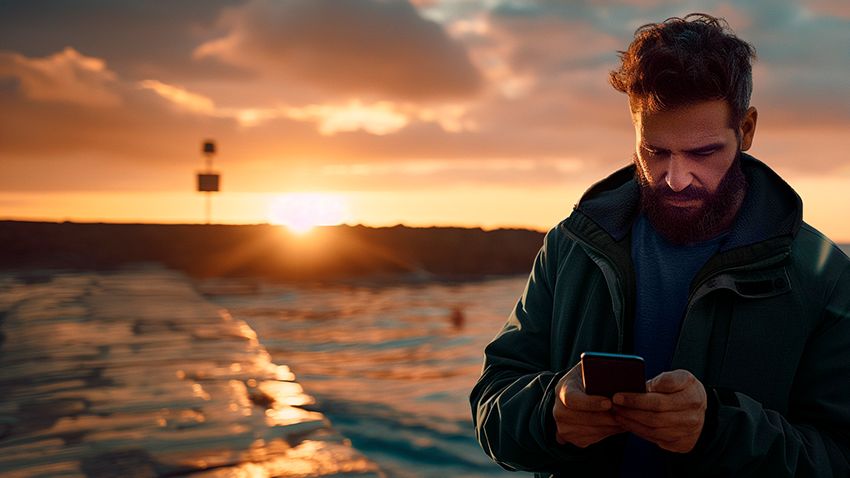 Moški z brado stoji ob morju ob sončnem zahodu in gleda v mobilni telefon, kar simbolizira povezljivost in interakcijo posameznika s tehnologijo na prostem.