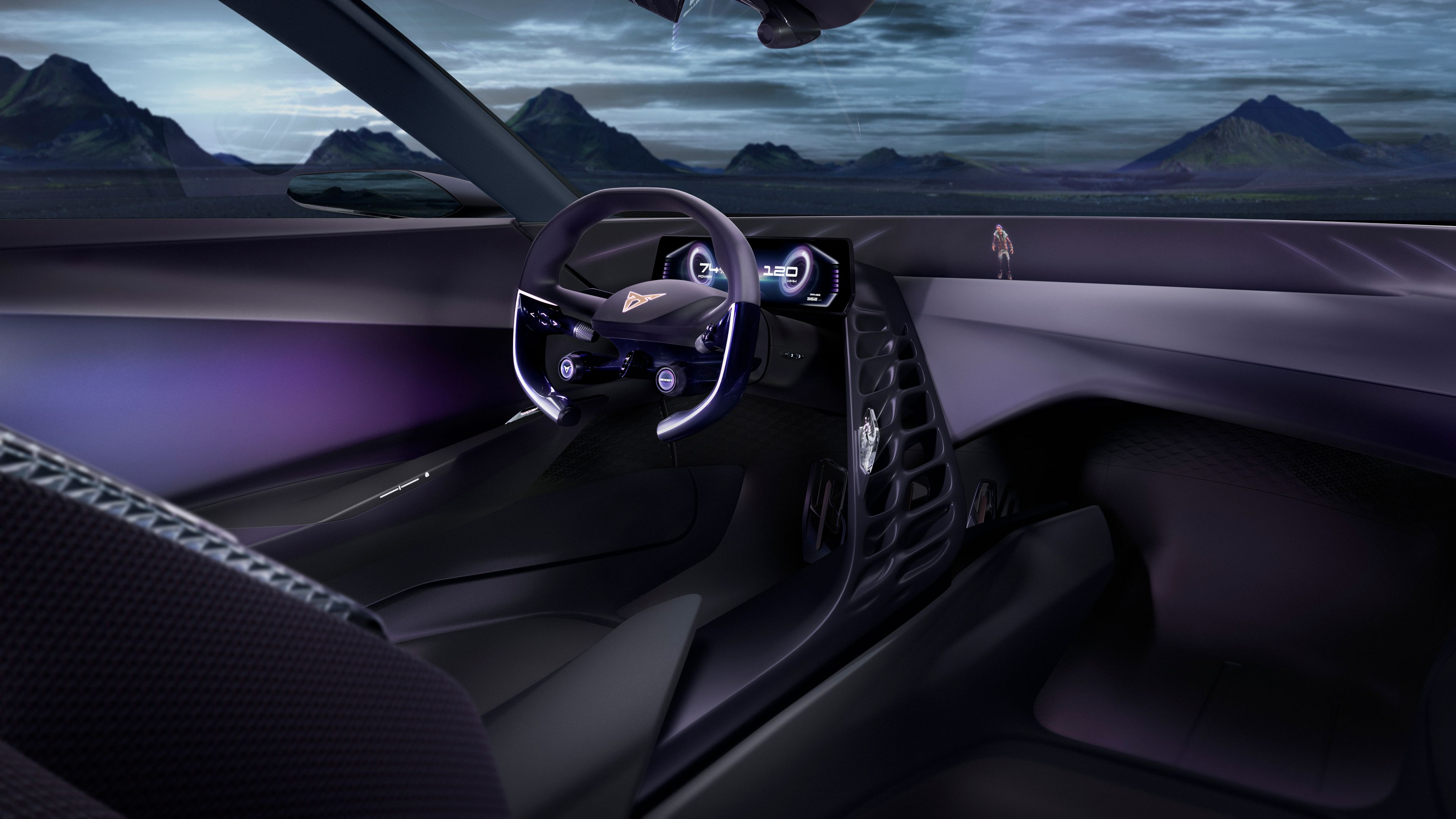 Notranjost futurističnega vijoličnega avtomobila CUPRA DarkRebel z izjemno modernim in minimalističnim dizajnom. Armatura je osvetljena in opremljena z digitalnimi prikazovalniki. V ozadju so vidne gorske silhuete pod oblačnim nebom.