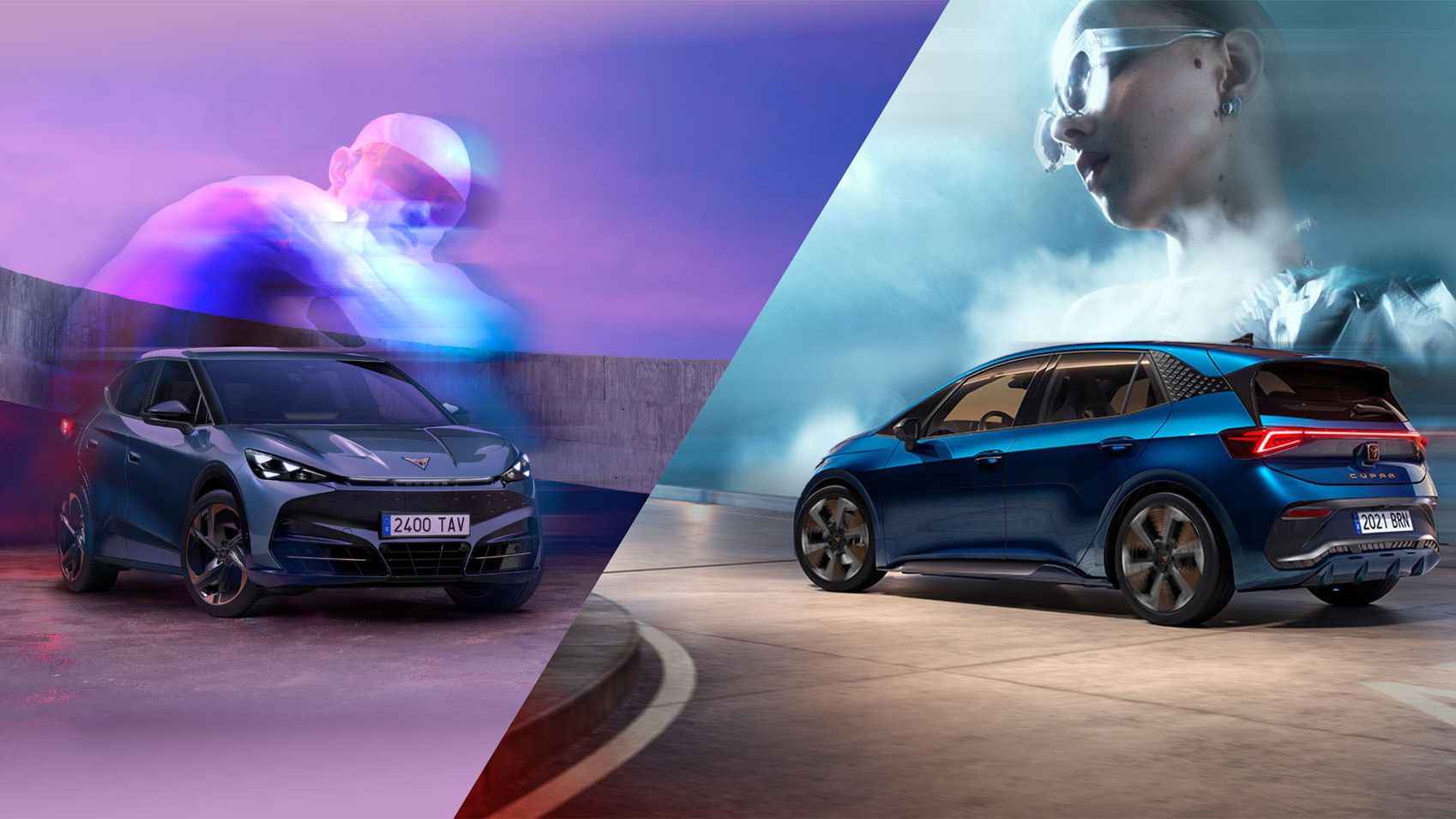 Dvobarvna slika prikazuje avtomobila Cupra Born in Cupra Tavascan z dveh zornih kotov. Leva stran prikazuje črni avtomobil od spredaj na parkirišču, desna pa modri avtomobil od zadaj na ovinku. Zamegljeni obraz osebe na obeh straneh.
