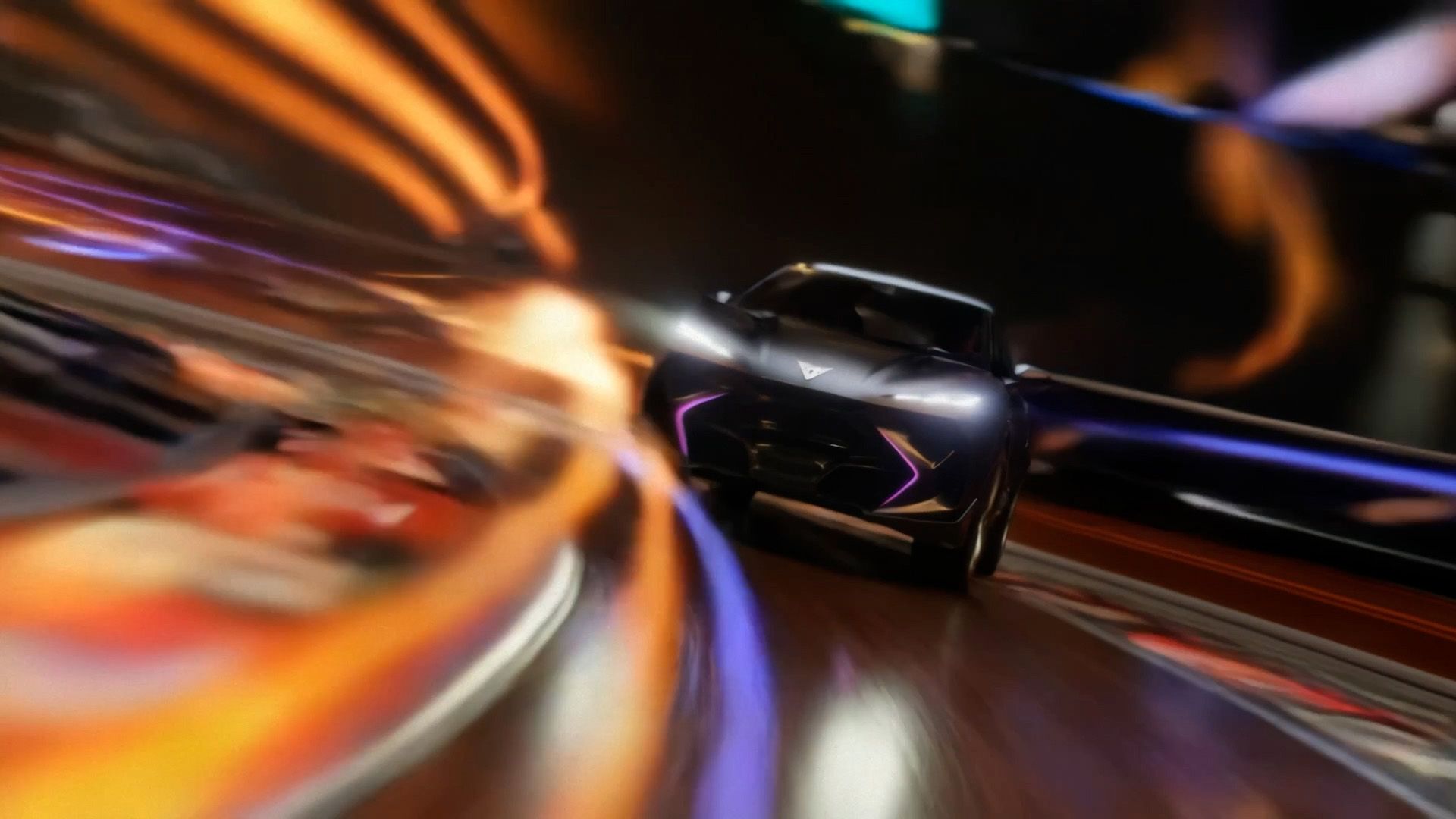 Pogled na vozilo CUPRA Tindaya od zunaj na sprednji del vozila. Okrog so žive barve, ki ustvarjajo svetlobne vzorce. Videti je, da vozilo drvi.